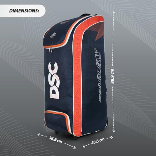 Image of DSC Krunch Duffle Cricket Kit Bag with Wheels - Large Capacity Sports Equipment Travel Bag for Professional Players, Color - Navy /Orange