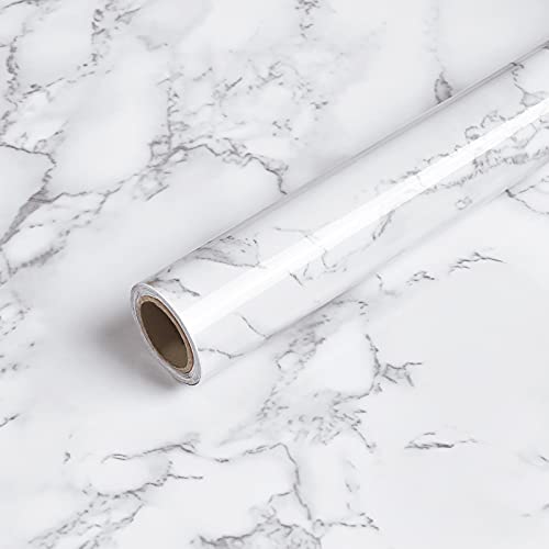 Image of Caltero White /Grey Marble Wallpaper, 24x197 Glossy PVC, Self-Adhesive Contact Paper for Kitchen Cabinets, Bathroom, Waterproof, Removable, Wide Usage, 32 sq.ft