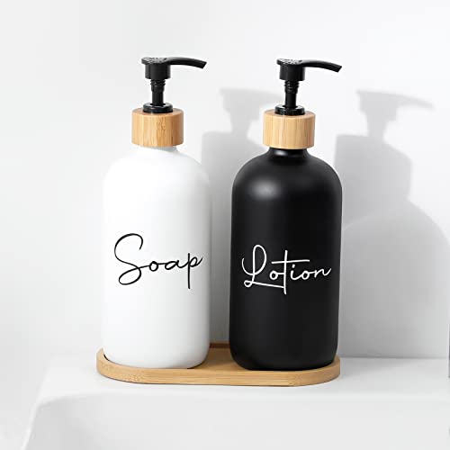 17 oz Hand Soap Dispenser Empty Glass Lotion Pump Bottles, Refillable Liquid Dish Soap Bottles for Bathroom Decor, Kitchen Sink, Matte Design and Wood Tray, Pack of 2, Black + White