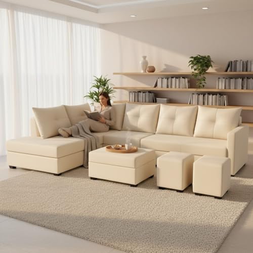 Image of SOCOZI Oriana 8 Seater LHS L Shape Sofa Set | Velvet Suede Fabric L Shape Sofa for Livingroom with 2 Ottoman & Centre Table | (Cream)