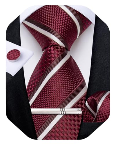 Image of DiBanGu Mens Tie Silk Plaid Striped Necktie and Pocket Square Cufflinks Tie Clip Set with Gift Box Formal Wedding Party