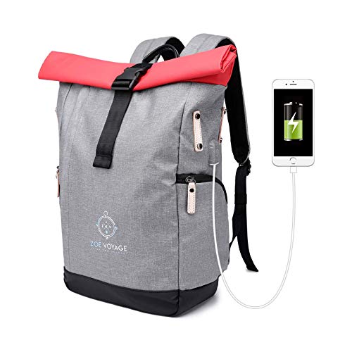 Preisvergleich Produktbild ZOE Voyage Rolltop Rucksack, wasserdicht, Tagesrucksack mit Laptopfach und USB Ladeanschluss, Reiserucksack grau-rot 21-31l