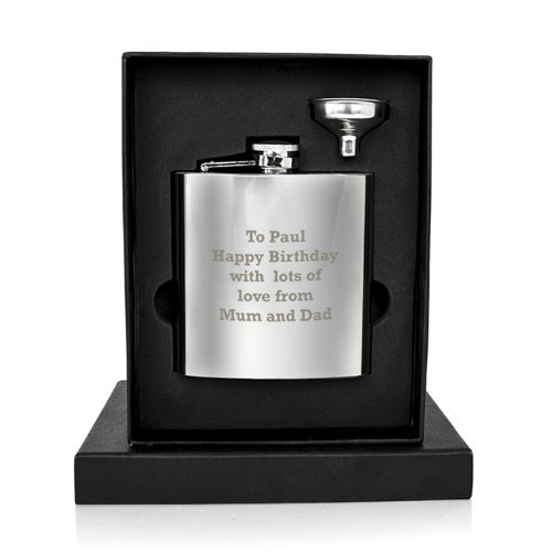 Custom Personalised Stainless Steel 6oz Hip Flask. Engraved with Rockwell font. Great for Him, Birthday, Anniversary, Wedding, Father's Day