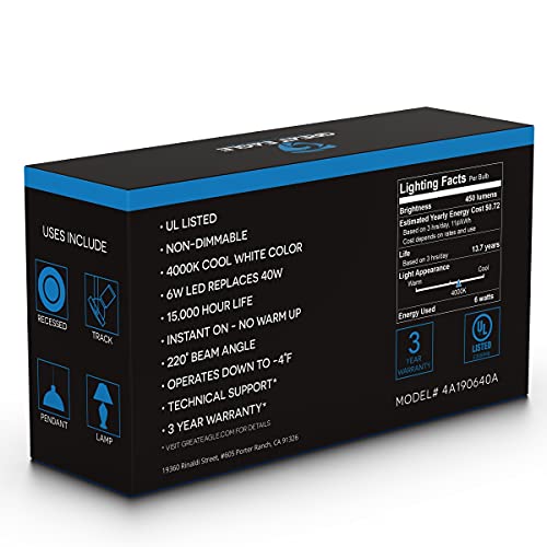 Great Eagle Lighting Corporation A19 Led Light Bulb, 6W (40W Equivalent), Ul Listed, 4000K (Cool White), 450 Lumens, Non-Dimmable, Standard Replacement (4 Pack) #TOP4