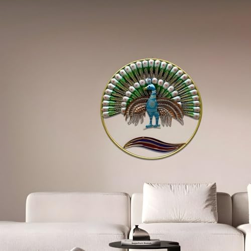 Image of Iron Big Handcrafted Multicolor Round Metal Peacock Abstract Wall Art Decorative Wall Frame Sculpture for Living Room Bedroom Drawing Room Home Decor