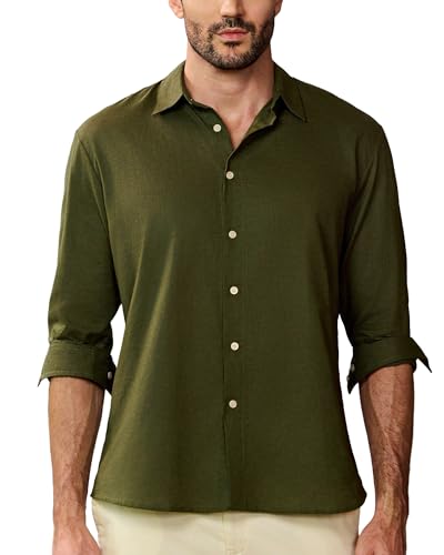 Kallspin Men's Linen Cotton Button Down Shirt Long Sleeve Casual Lightweight Breathable Summer Beach Shirt