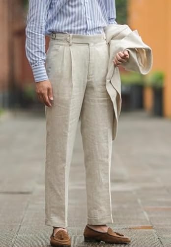 Men's High Waist Linen Dress Pants Slim Fit Flat Front Lightweight Summer Trousers2