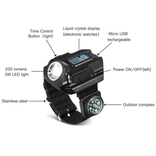 Linterna LED brújula táctica recargable deportiva de muñeca miniatura 5