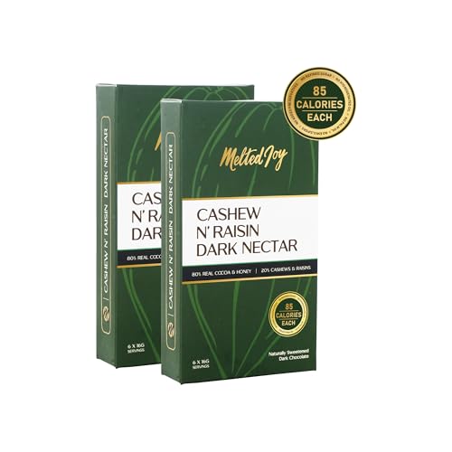 Image of Melted Joy Cashew N'Raisin Dark Nectar | 85 Calorie Dark Chocolate Squares - Portion Sized for Fat Loss | Naturally Sweetened with Honey | Pack of 6 (Set of 2)