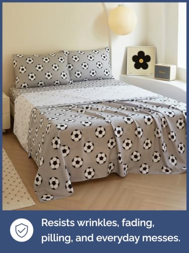 Image of Kids Full Size Soccer Bed Sheets - 4 Piece Kids Soccer Sheet Set - Athletic Sporty Bedding - Ultra-Soft, Cute & Cozy - Breathable & Machine Washable - Grey Bed Set for Boys, Girls, Teens & Toddlers