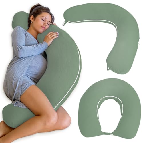 PharMeDoc Crescent Cooling Pregnancy Pillows - Body Pillow for Adults - Side Sleeper – Maternity and Nursing Pillow Breast Feeding - Pregnancy Must Haves - Sage with Piping