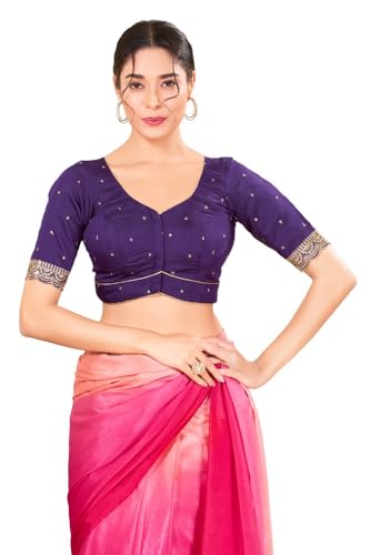 Image of Vamas Women's Silk Padded Self Design Half Sleeve Readymade Saree Blouse (X-1209.ELB)
