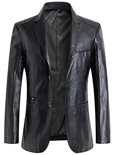 chouyatou Men's Casual Notched Collar 2 Button Slim Moto Faux Leather Blazer Suit Jacket (Black, X-Large)