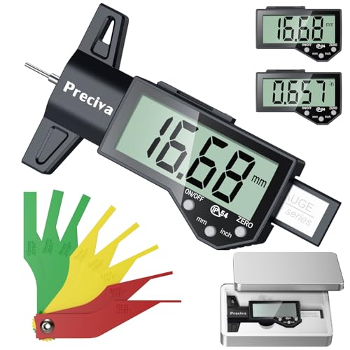 Preciva Digital Tyre Tread Depth Gauge UK & Brake Pad Measuring Tool Kit with Large LCD Screen, 0.01mm Accuracy, 0-25.4mm / 1in Range, Car Tool Include 2 Battary