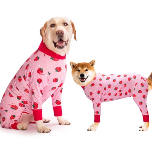 Yeapeeto Einteiler für Hunde, zur Erholung, für große und mittelgroße Hunde, Schlafanzug, Ganzkörper für Haarausfall, Allergien, Anti-Lecken, Wundschutz, Kegel-Alternative (2XL, Erdbeere)