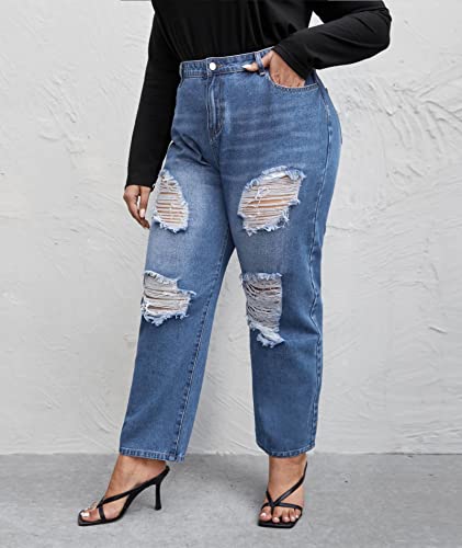SOMTHRON Women's Plus Size Ripped Distressed Jeans High Waist Straight Leg Destroyed Loose Denim Pants Trousers4