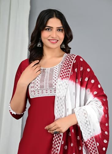 Image of Women's Silk Embroidered Kurta with Pant and Dupatta Set, Straight Style