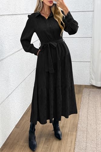 dowerme Women's Casual Dresses 2025 Fall Fashion Long Sleeve Button Up Floral Print Belted Tiered Boho Maxi Party Dress3