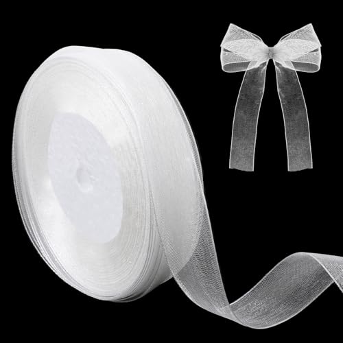 Ruban cadeau Tweruna blanc avec nœud, 2 cm, 45 m de large, ruban cadeau en organza translucide...
