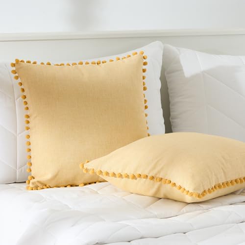Image of 100% Cotton Pom Pom Cushion Without Filler, Elegant & Modern Cushion Cover for Living Room, Square Shape, 20 inchx20 inch, uni Chambray, Set of 3 - Mimosa