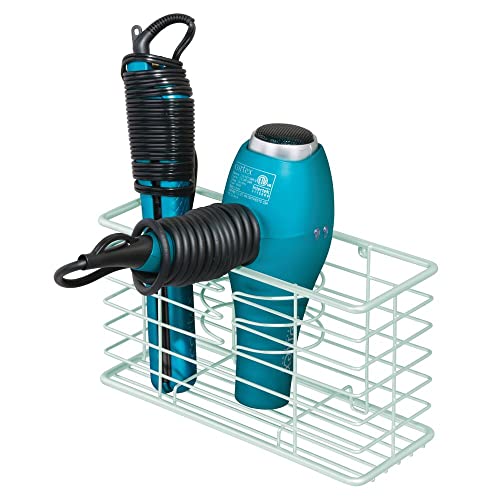 mDesign Farmhouse Metal Wire Bathroom Wall Mount Hair Care & Styling Tool Organizer Storage Basket for Hair Dryer, Flat Iron, Curling Wand, Hair Straightener, Brushes - Holds Hot Tools - Mint Green