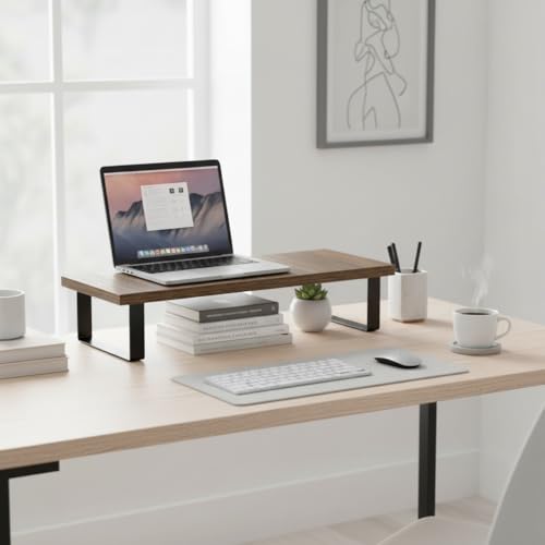 Image of flux Monitor Stand Wooden | Monitor Stand Riser | PC Stand For Desktop Table | Non Slip, Material: Particle Board & Metal Brown