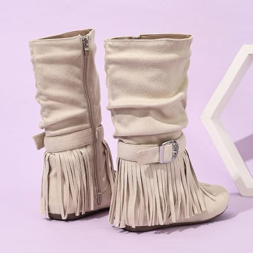Girls Mid Calf Retro Tassel Cowboy Cowgirl Boots Western Riding Shoes With Side Zipper4