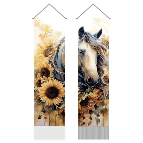 AHANDMAKER Lot de 2 tapisseries murales à suspendre avec cheval, cheval et tournesol, animaux sauvages avec pompons, décoration murale pour chambre à...
