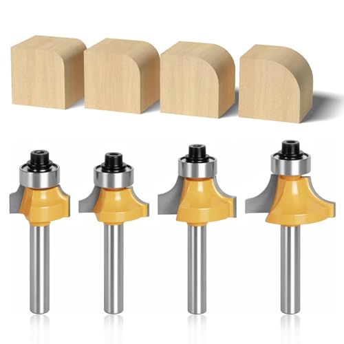 Fhioevt Lot de 4 Fraise à Arrondir Tige 6mm Fraise Defonceuse en Carbure Fraise Quart de Rond Fraises Rondes avec Roulement Rayon de Coupe 3.2mm/4.76mm/6.35mm/7.96mm Fraise Bois Bits Outil