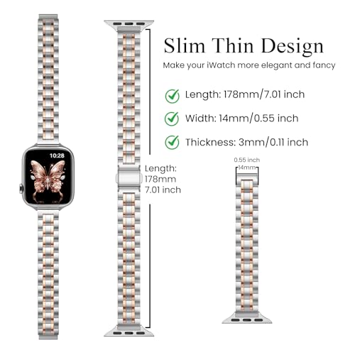 Image of STIROLL Thin Replacement Band Compatible for Apple Watch 38mm 40mm 41mm 42mm(Series 11 10), Stainless Steel Metal Wristband Women Men for iWatch Ultra SE Series 9 8 7 6 5 4 3 2 1, Silver Rose Gold