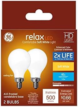 GE Relax - Paquete de 2 bombillas LED A15 equivalentes a 60 W, regulables, color blanco suave, base de candelabro