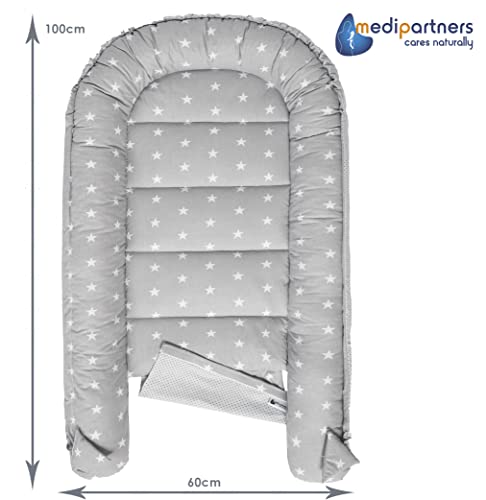 Medi Partners Babynest Kuschelnest Babynestchen 100% Baumwolle Nestchen Reisebett für Babys Säuglinge 100x60x15cm herausnehmbarer Einsatz (graue Sternen mit Hellrosa Minky) – Bild 6