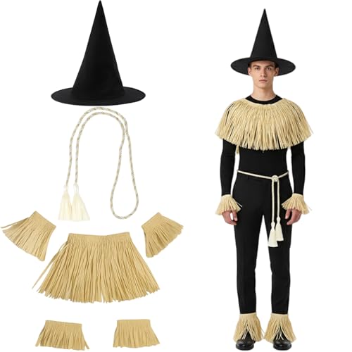 WaaRiuQ Scarecrow Costume 7-Piece Set with Scarecrow Hat and Straw Accessories for Halloween Role-Playing Themed Parties and Harvest Festivals