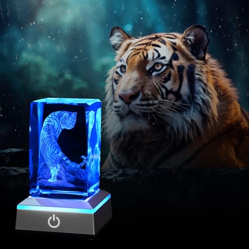 Image of 3D Tiger Crystal Night Light with Multicolor LED Base Glass Laser Engraved White Tiger Lamp Figurines Gifts for Boys Girls Lovers Birthday Christmas Room Decor