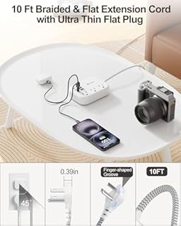 6 USB(3 USB C) Surge Protector Power Strip- Extension Cord 10 Ft with 24W USB Charging Station and 3 Outlets, Flat Plug Long Braided Extension Cord with Multiple Outlets for Home Office College Dorm
