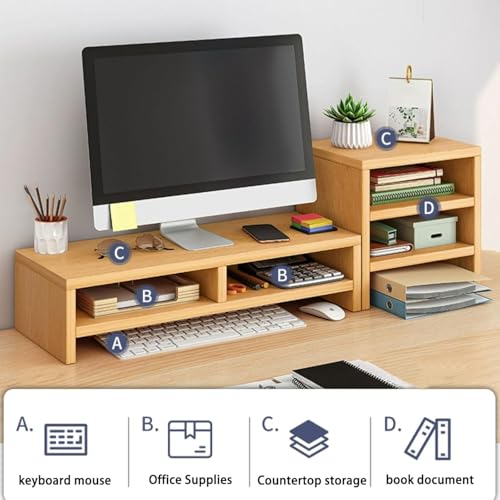 Image of Double Layer Computer Monitor Stand Riser with 3-Layer Independent Storage Rack,Desktop Organizer, Wooden Computer Monitor Stand for TV Screen, Laptop, Printer, for Home & Office