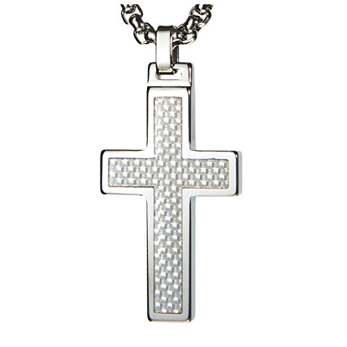 Unique Gestalt® Tungsten Cross Pendant. Surgical Stainless Steel Box Chain. White Carbon Fiber Inlay. 22 Inch Chain. #TOP1