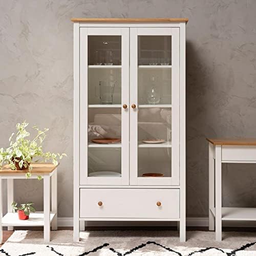 Cristaleira 2 Portas 1 Gaveta Madeira Maciça Vanilla CabeCasa MadeiraOriginals Amêndoa/Branco