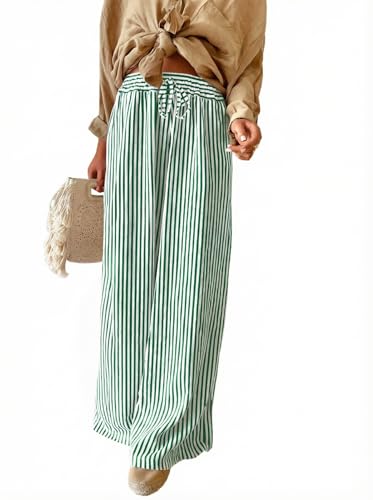 Image of Acelitt Women Casual Drawstring Elastic Waist Striped Wide Leg Pants with Pockets, S-XXL