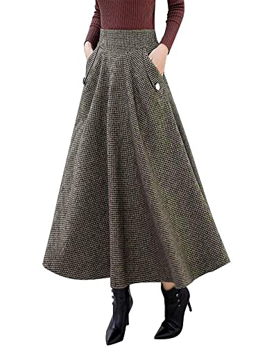 Image of IDEALSANXUN Women's Fall Winter High Waisted Wool Plaid A-line Long Skirt