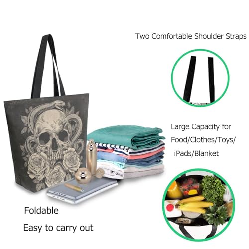 Skull in Roses Snakes Dark Extra Large Canvas Gym Shoulder Tote,Durable Reusable Daily Top Handle Bag for Mens Womens Yoga Weekender Picnic Beach Travel Market Shopping3