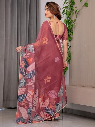 Image of ALMAARI FASHIONWomen's Floral Printed Organza Saree with Unstitched Blouse Piece | Traditional Ethnic Wear Sarees | Soft Lightweight Ethnic Office Wear Daily Wear Indian Sari (ORGANZA 121-130 H)