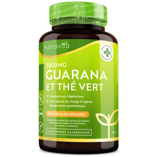 Guarana Et Thé Vert - Haute Résistance Guarana 2500 mg - Source Caféine Naturelle et Riche en Antioxydants - 240 Guarana Gelules Végétales - 4 Mois d'approvisionnement - Fabriqué par Nutravita Cover