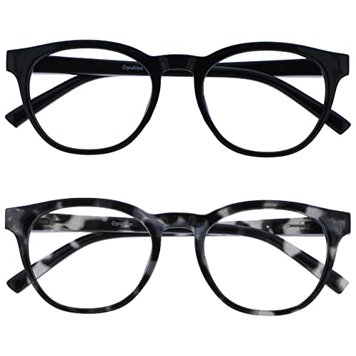 Image of OPULIZE BLU Blue Light Blocking Reading Glasses for Women Men, Cool Round Frame with Anti-Glare Computer and Gaming Eyewear, UV and Eyestrain Protection, Black Grey Tortoise +0.00 (Pack of 2)
