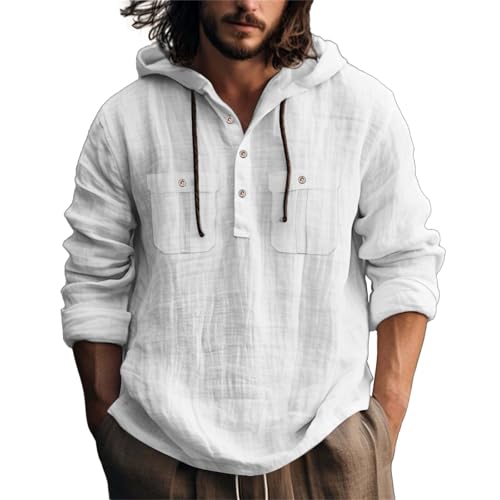 Sudadera con capucha de algodón y lino para hombre, manga larga, tela ligera y transpirable, con cierre de botón, camiseta casual adecuada para capas de primavera y otoño, blanco, L