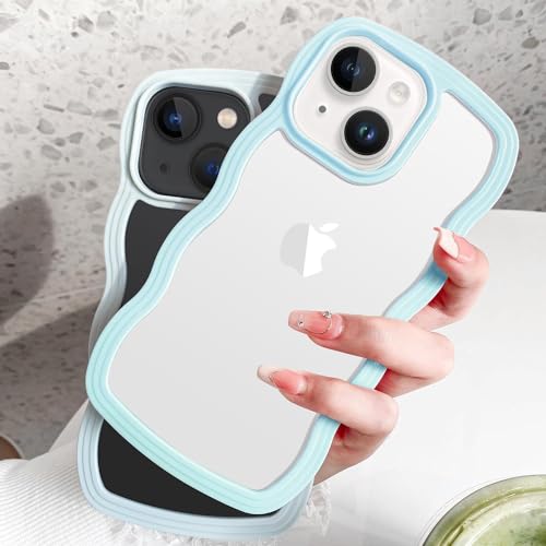 Image of MIDOS Back Cover Compatible with iPhone 15, Cute Curly Wave Frame Clear Case for Girls Women, Transparent Soft Silicone TPU Bumper Shockproof Protective Cover for iPhone 15 (Blue)