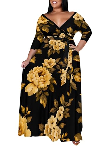 Image of PinkPatty Women's Plus Size Maxi Dress Print 3 /4 Sleeves V Neck Party Sundress Wedding Guest Dresses