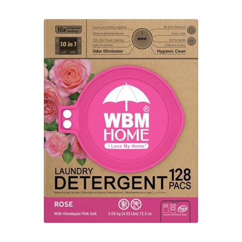WBM 10-in-1 Laundry Pods, Total 128 Count, High Efficiency, Ultra Concentrate with Powerful Stain Lifter Technology, Fabric Softener With Rose Extracts, Detergent Pods