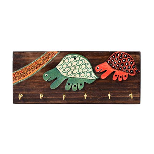Image of AAKRITI ART CREATIONS Key Holder, Handcrafted Tribal Art Turtle Theme Key Hanger | Rustic Wood Wall Organizer with 6 Hooks | New Home Gifts| Multifunctional Entryway Decor Item