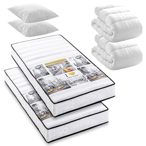BLUE MOON Pack Manhattan 2 Matelas Mousse New York 90x190 + 2 Couettes + 2 Oreillers. Mousse profilée 5 Zones de Confort. Épaisseur 15cm – Fabriqué en...